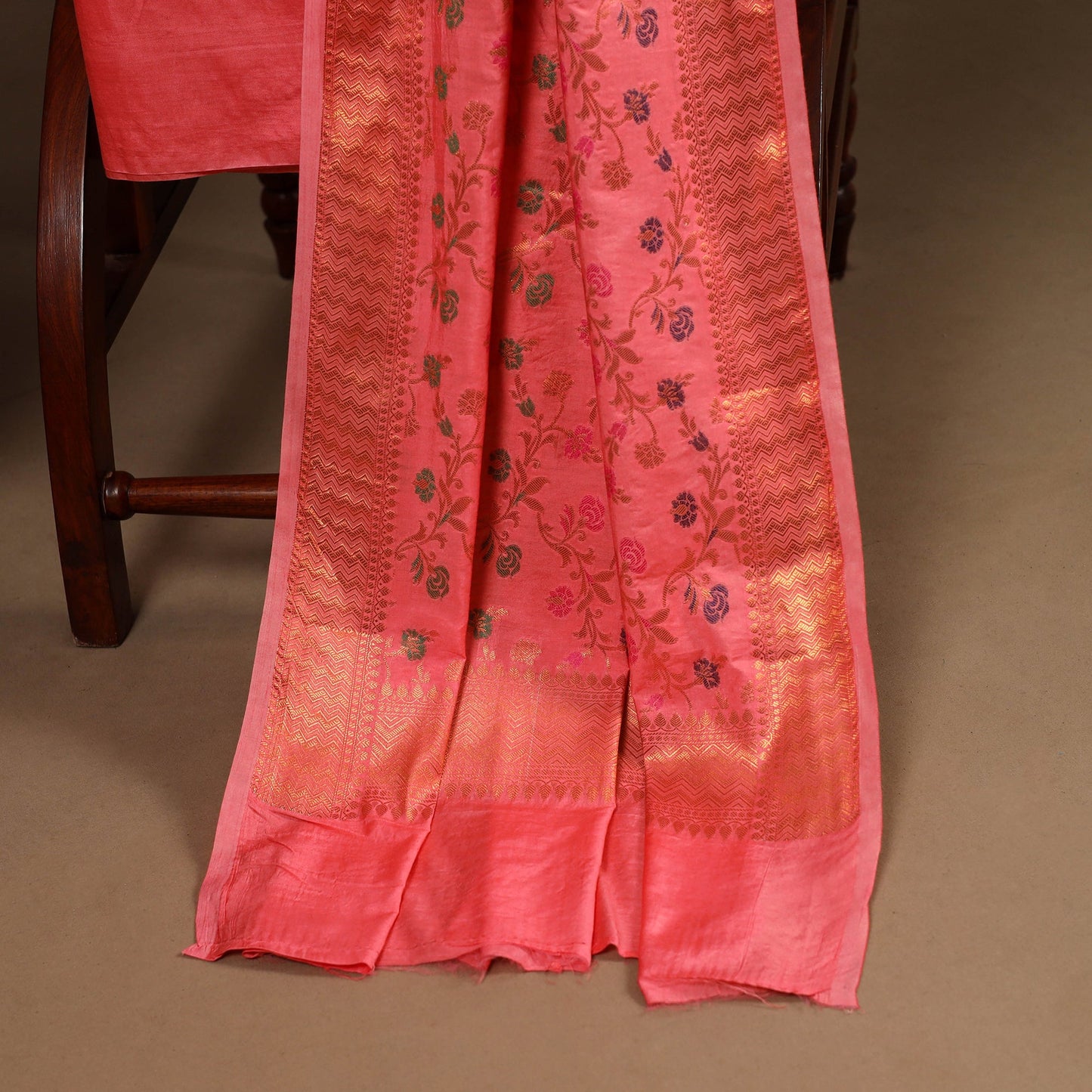 Pink - 3pc silk cotton meena weaving unstitched banarasi