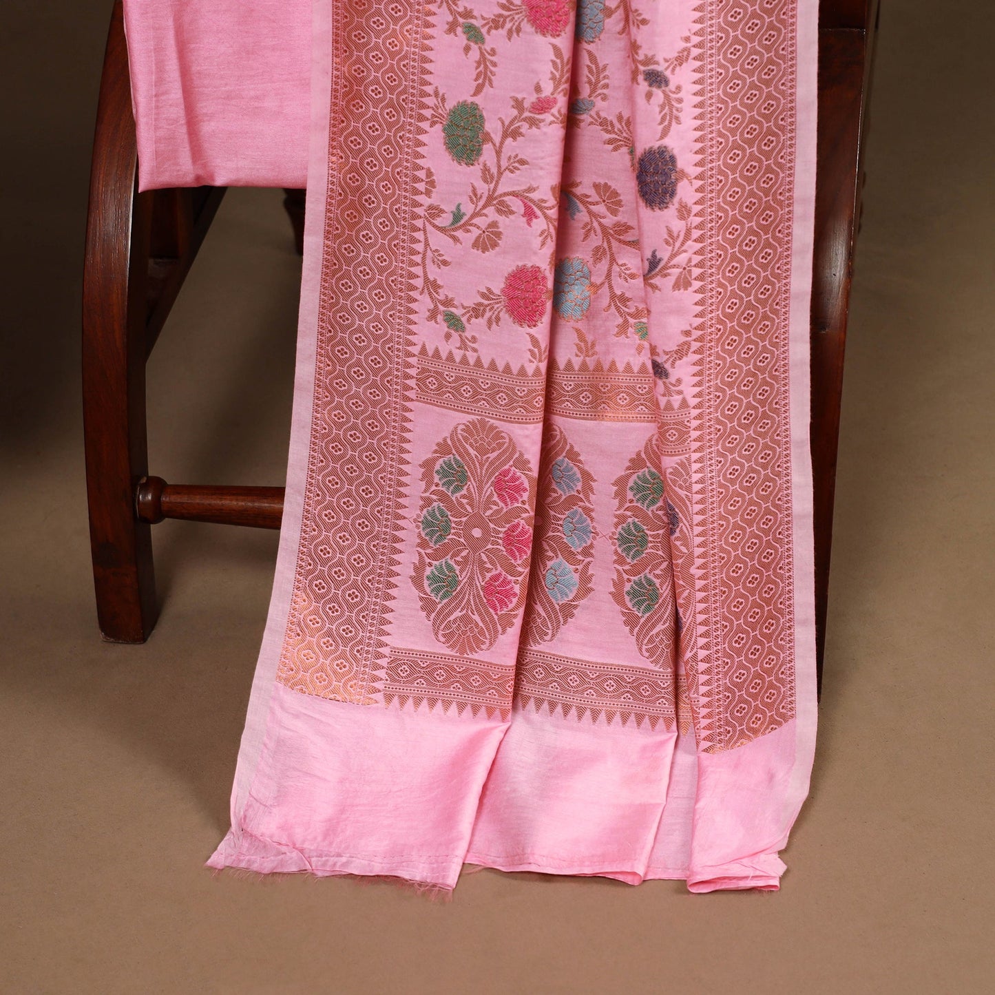 Pink - 3pc silk cotton meena weaving unstitched banarasi