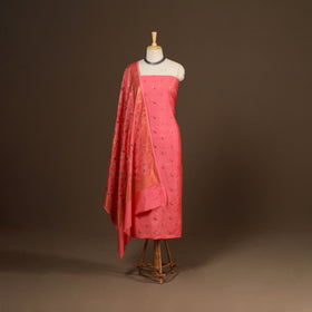 Pink - 3pc silk cotton meena weaving unstitched banarasi