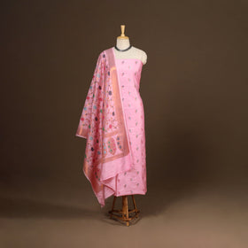 Pink - 3pc silk cotton meena weaving unstitched banarasi