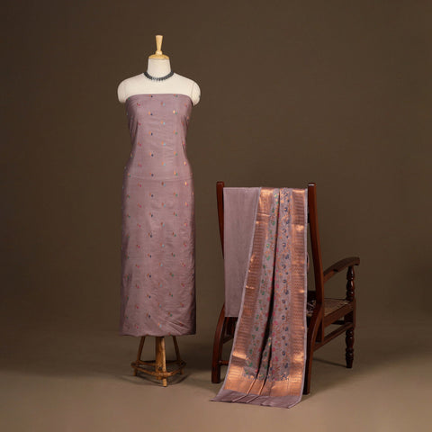 Pink - 3pc silk cotton meena weaving unstitched banarasi