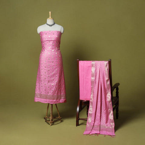 Pink - 3pc tanchoi silk cotton unstitched banarasi dress