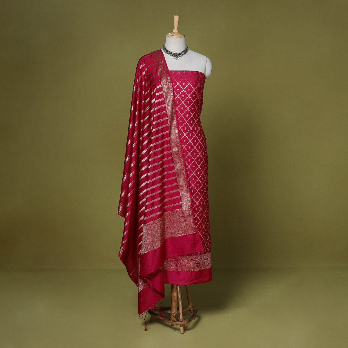 Pink - 3pc tanchoi silk cotton unstitched banarasi dress