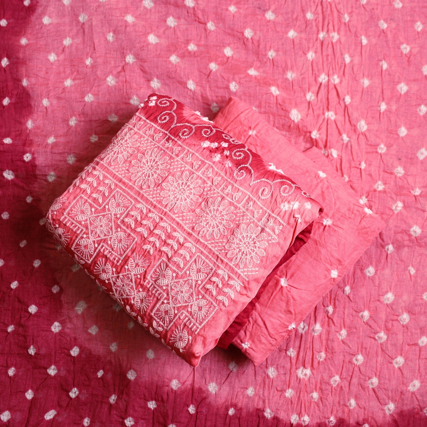 Pink 3pc Tie & Dye Satin Cotton Bandhani Dress Material