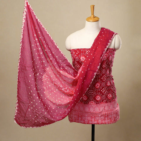 Pink 3pc Tie & Dye Satin Cotton Bandhani Dress Material