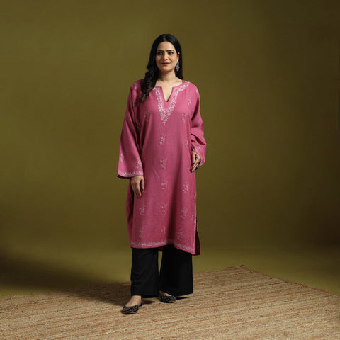 Pink - aari hand embroidery kashmiri merino wool pheran 28