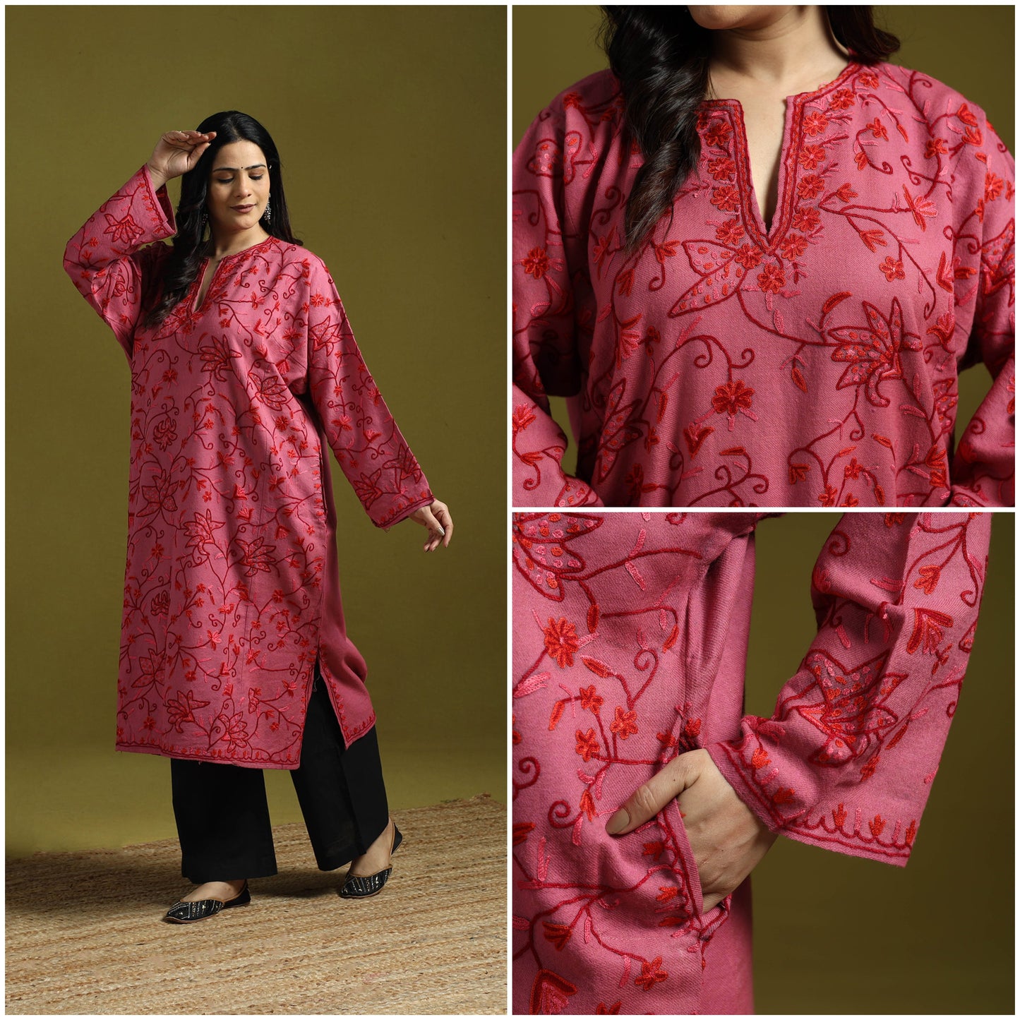 Pink - aari heavy hand embroidery kashmiri merino wool