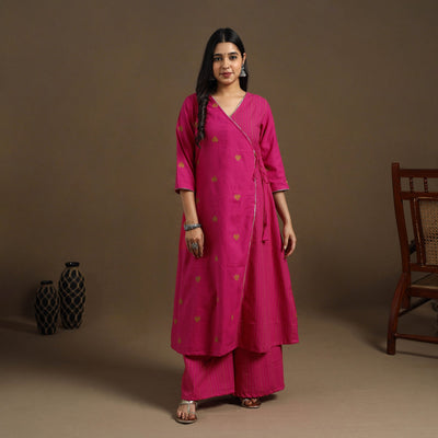 Angrakha Cotton Gota Work Pink Jacquard Kurta with Palazzo Set