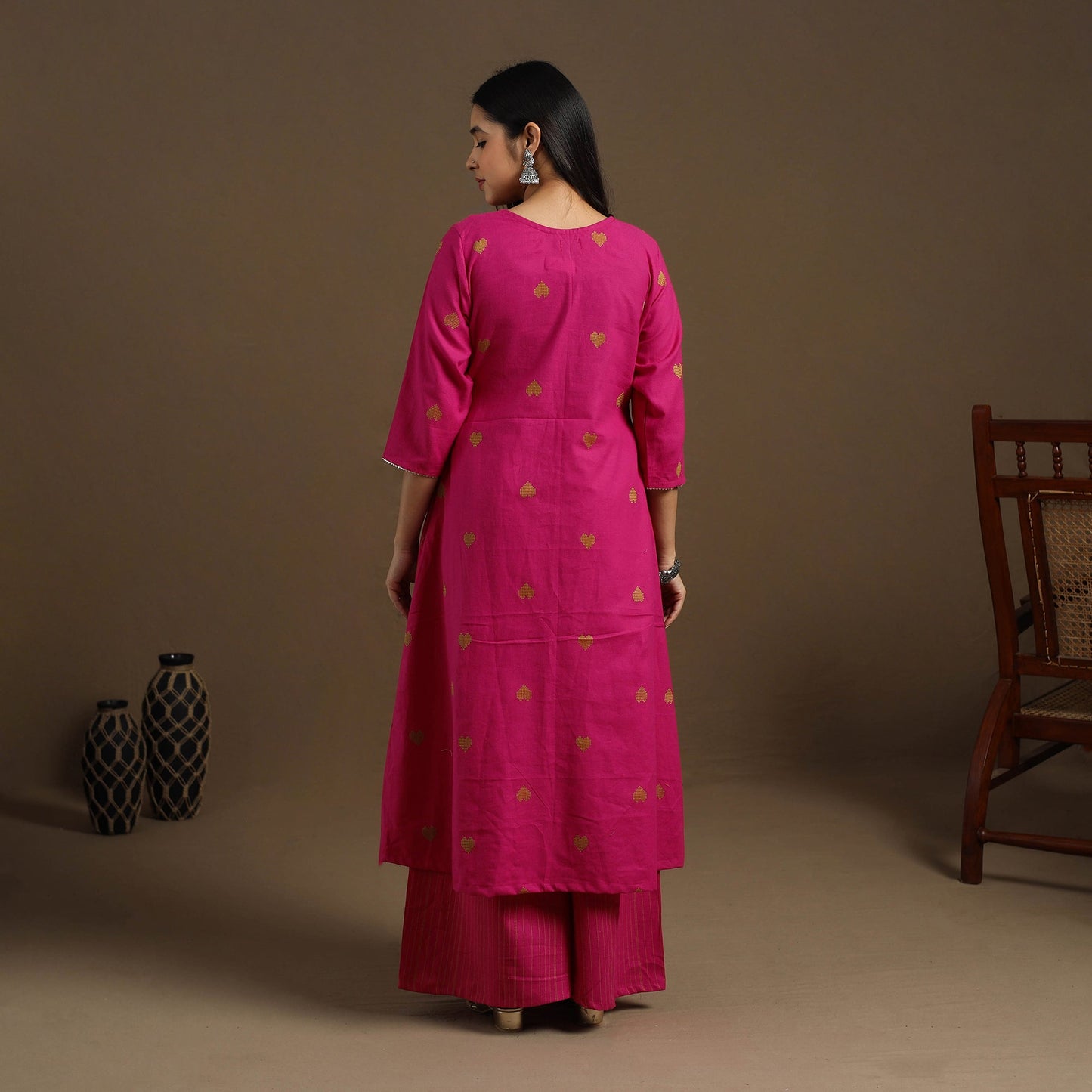 Angrakha Cotton Gota Work Pink Jacquard Kurta with Palazzo Set