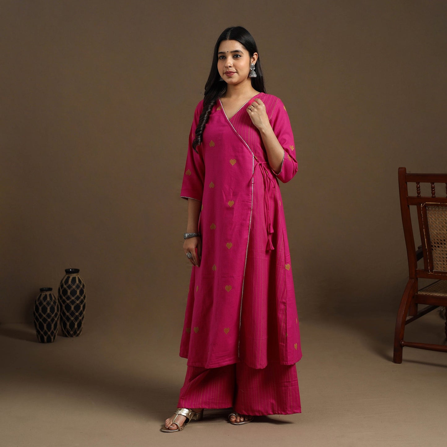 Angrakha Cotton Gota Work Pink Jacquard Kurta with Palazzo Set