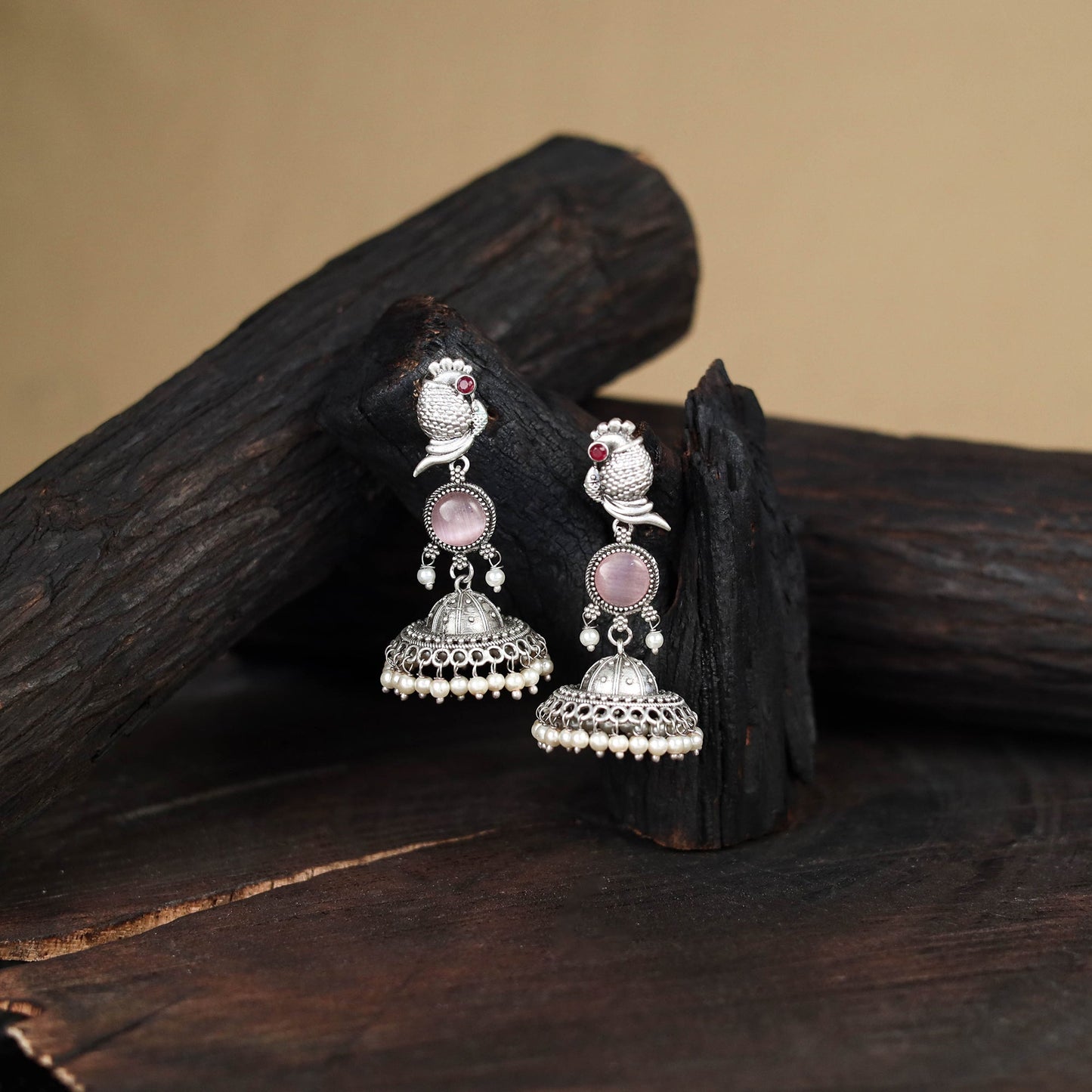 Pink - antique silver finish oxidised stone work jhumka