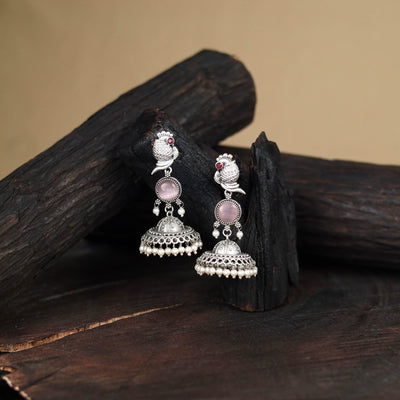 Pink - antique silver finish oxidised stone work jhumka