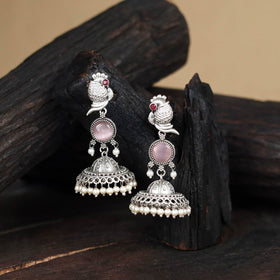 Pink - antique silver finish oxidised stone work jhumka