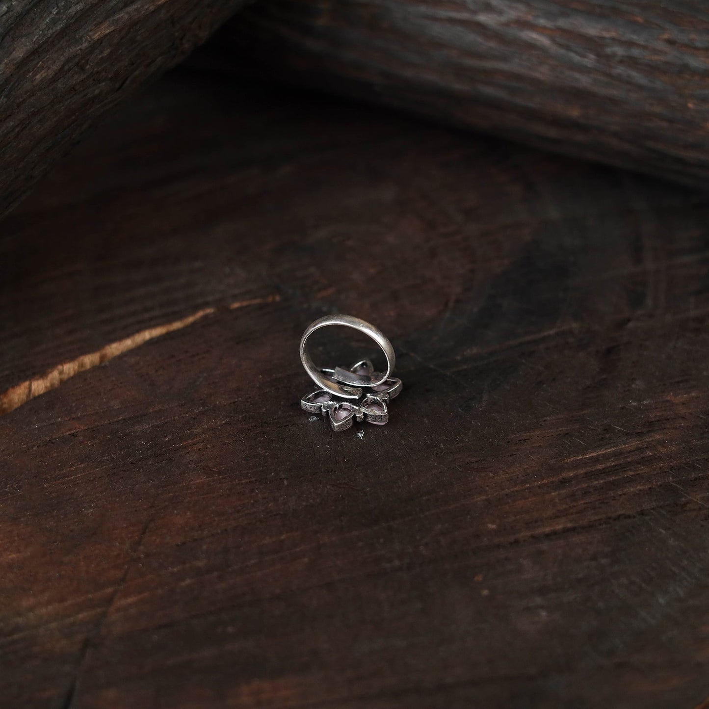 Pink - antique silver finish oxidised stone work ring 66