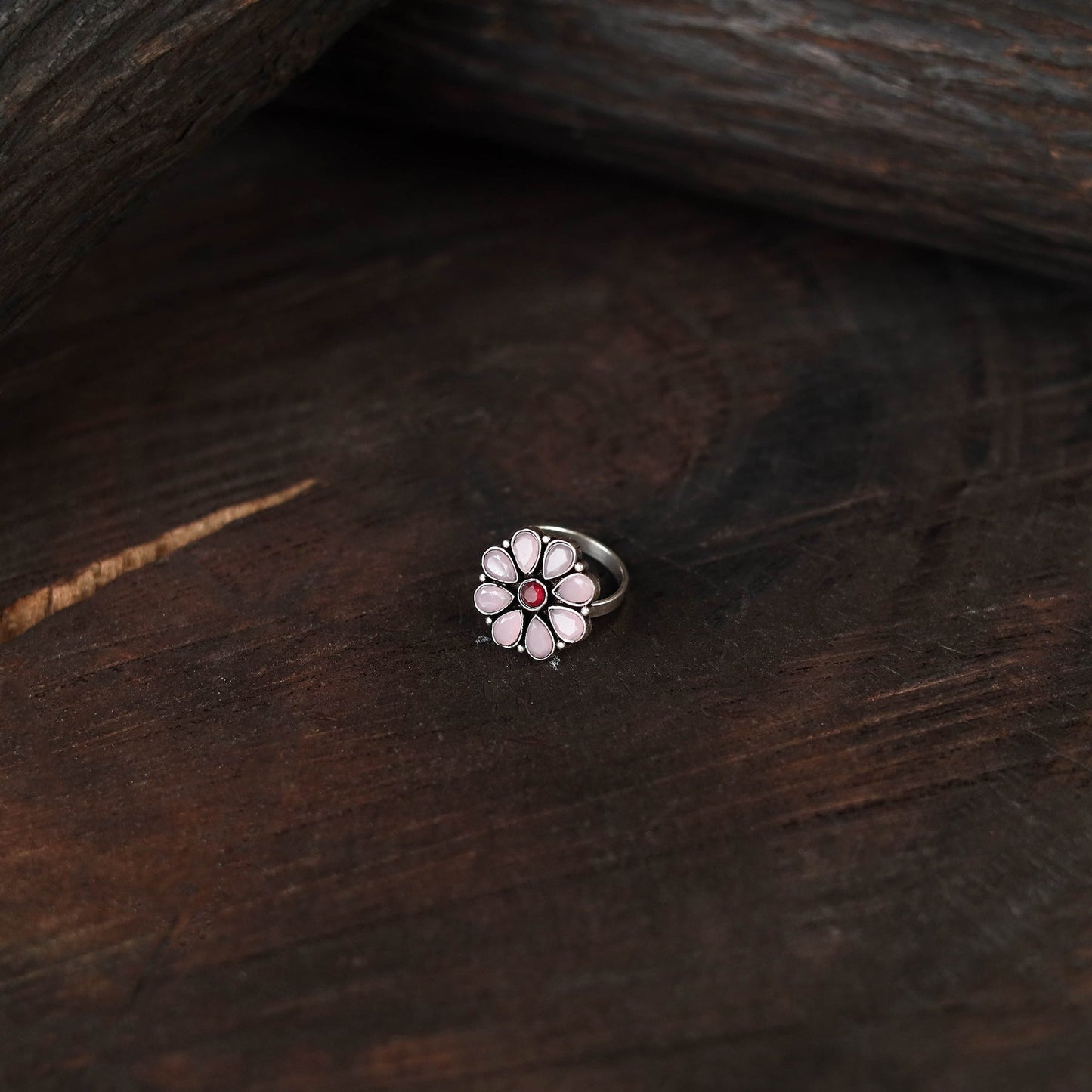 Pink - antique silver finish oxidised stone work ring 82