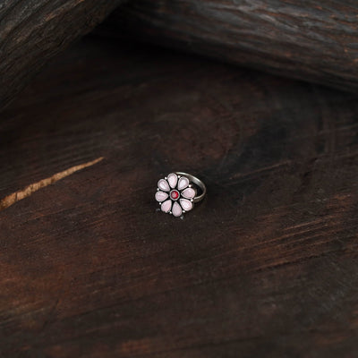 Pink - antique silver finish oxidised stone work ring 82