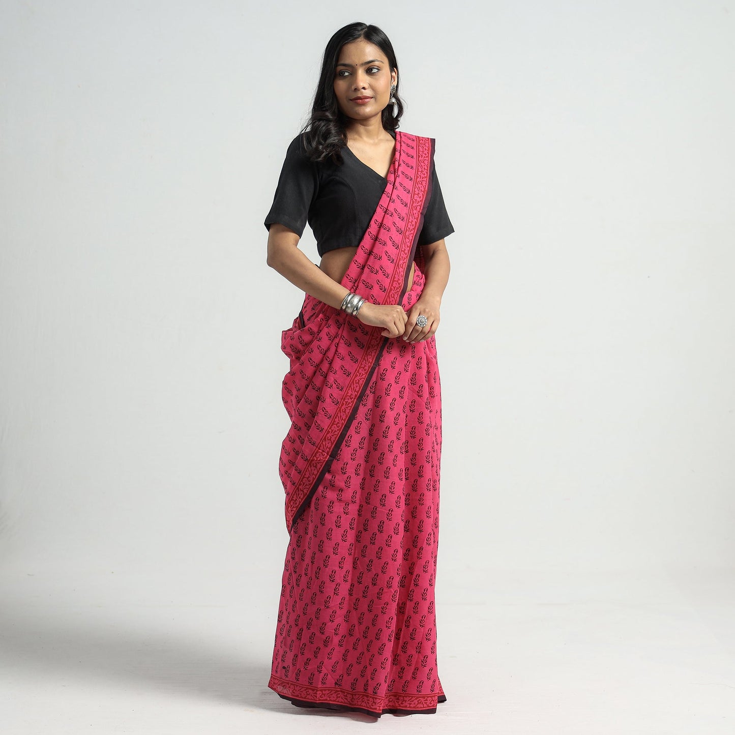 Pink Bagh Hand Block Printed Natural Dyed Cotton Saree