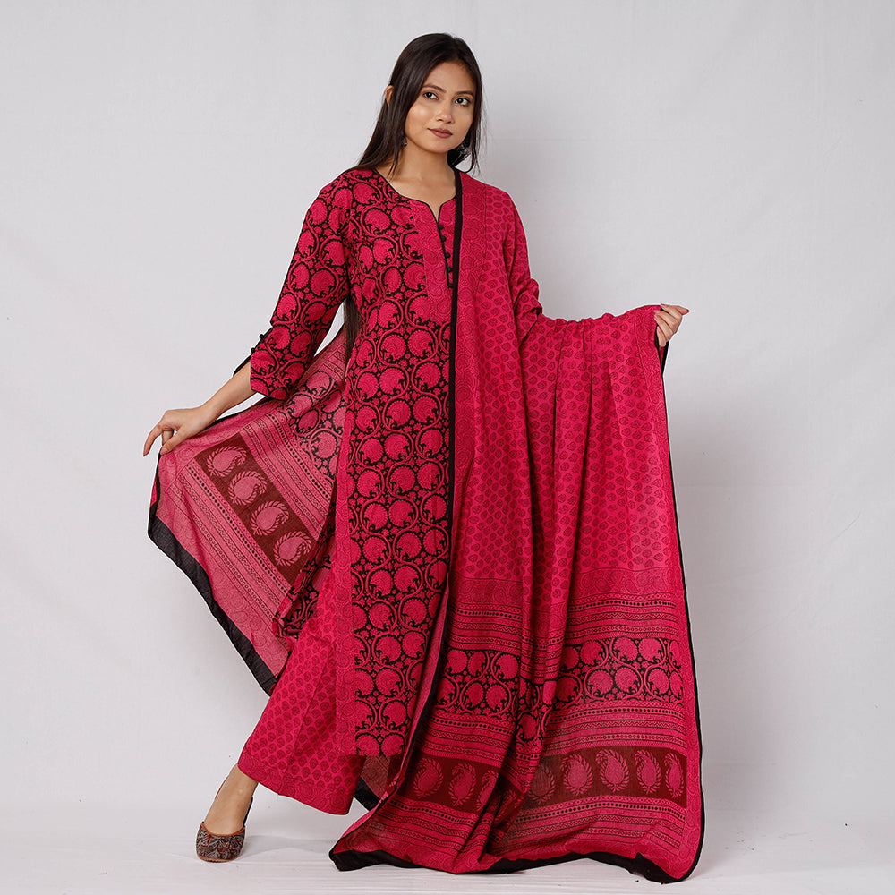  Bagh Block Printed Cotton Long Kurta with Palazzo & Dupatta Set 