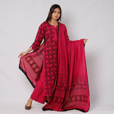  Bagh Block Printed Cotton Long Kurta with Palazzo & Dupatta Set 