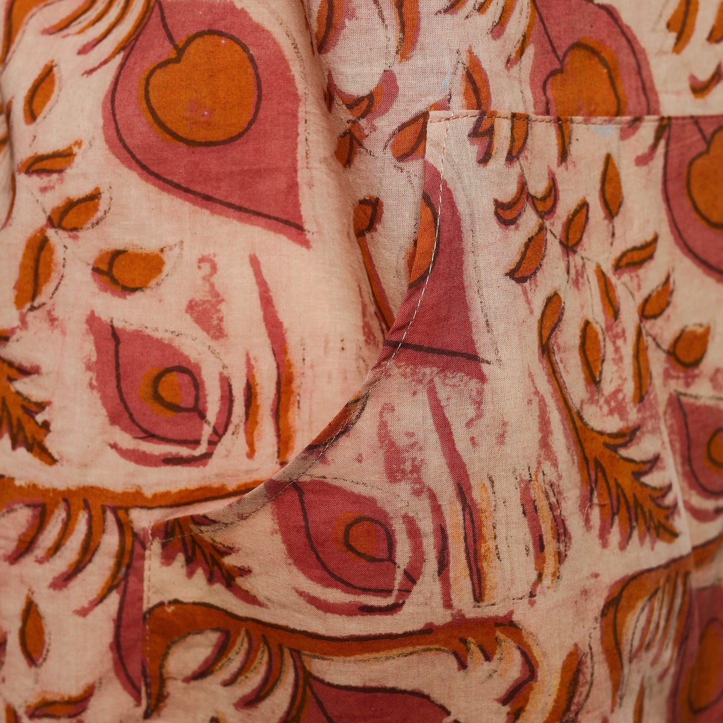 Pink - bagru cotton apron with pocket 14 - handcrafted