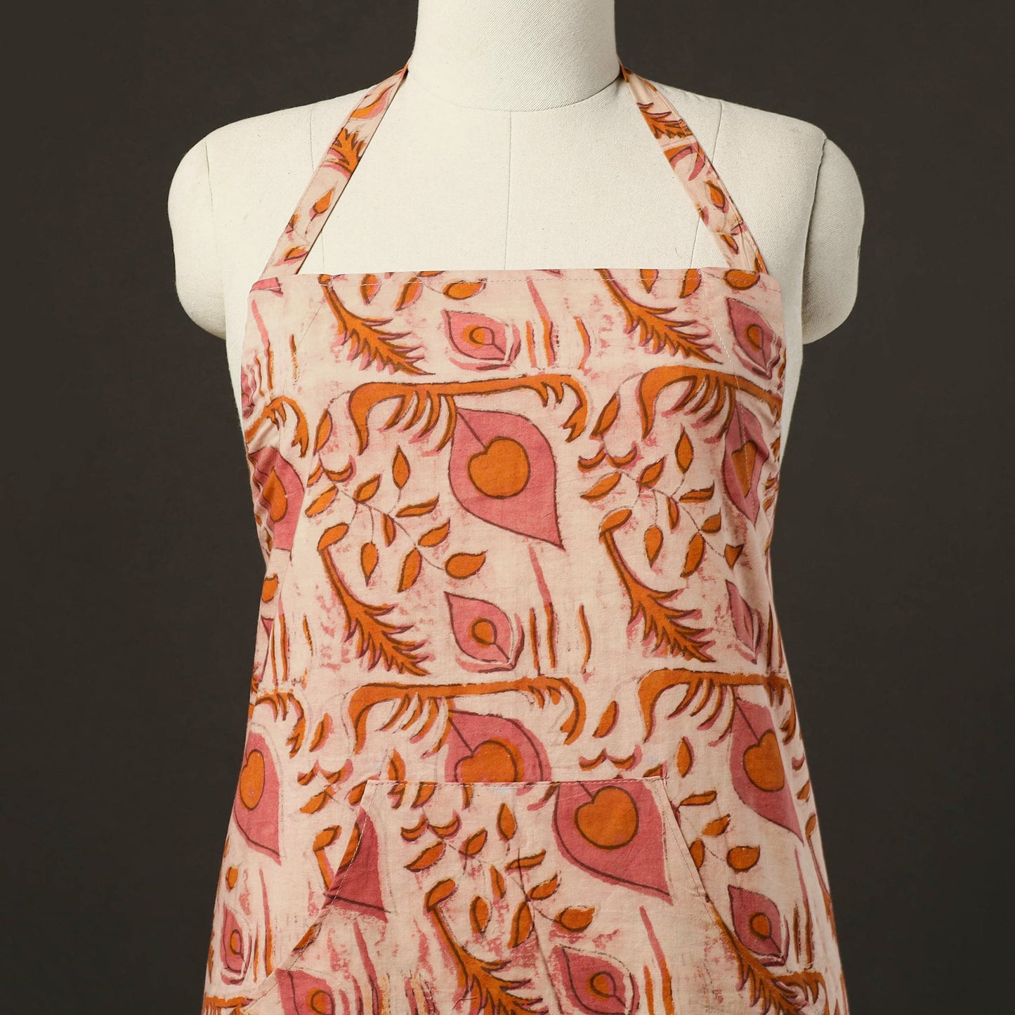 Pink - bagru cotton apron with pocket 14 - handcrafted