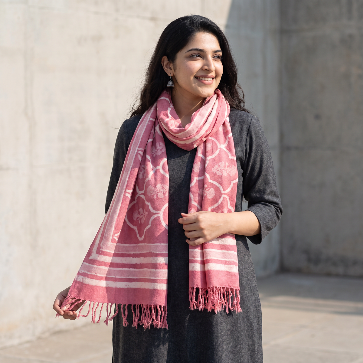 Pink Bagru Dabu Hand Block Print Pure Merino Wool Handwoven Natural Dyed Stole, worn by a woman, AI visual of the stole, iTokri
