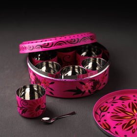  Banaras Handpainted Stainless Steel Pink Masala Box