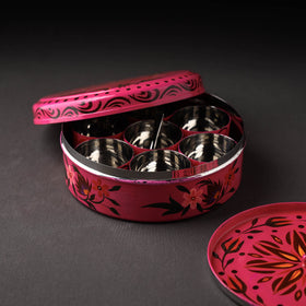 Banaras Handpainted Stainless Steel Pink Masala Box