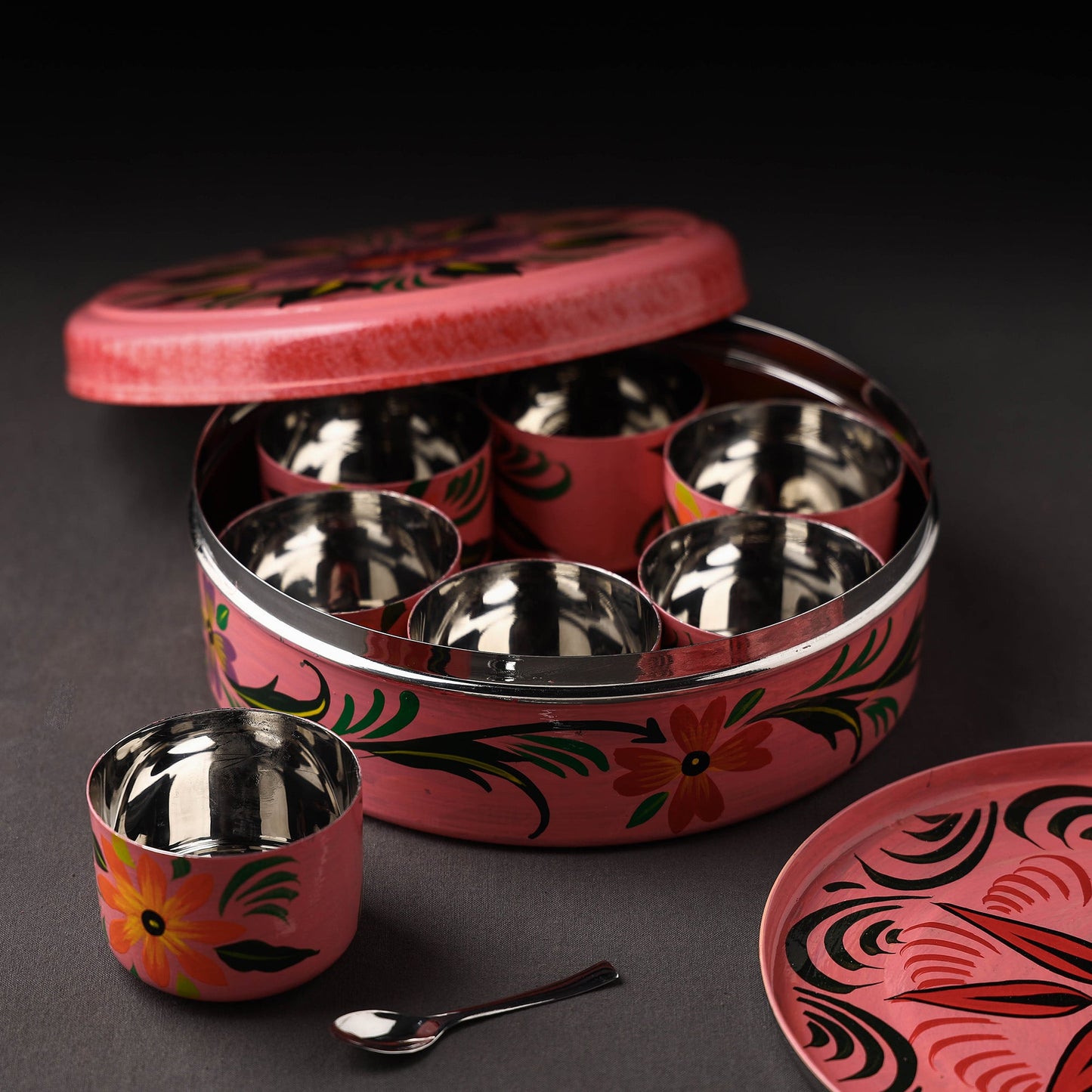 Banaras Handpainted Stainless Steel Pink Masala Box