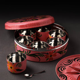 Banaras Handpainted Stainless Steel Pink Masala Box