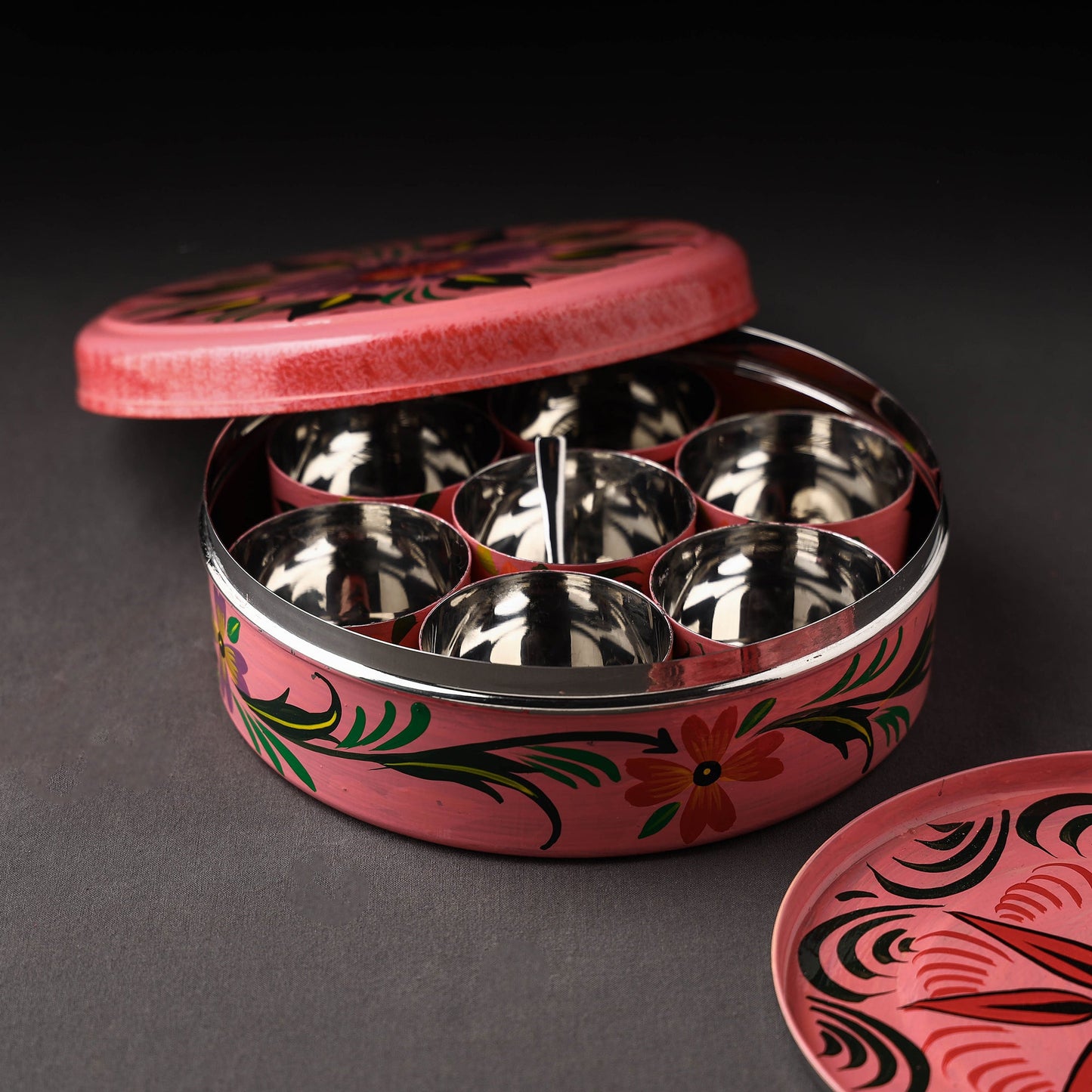 Banaras Handpainted Stainless Steel Pink Masala Box