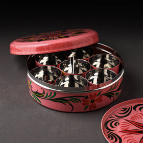 Banaras Handpainted Stainless Steel Pink Masala Box