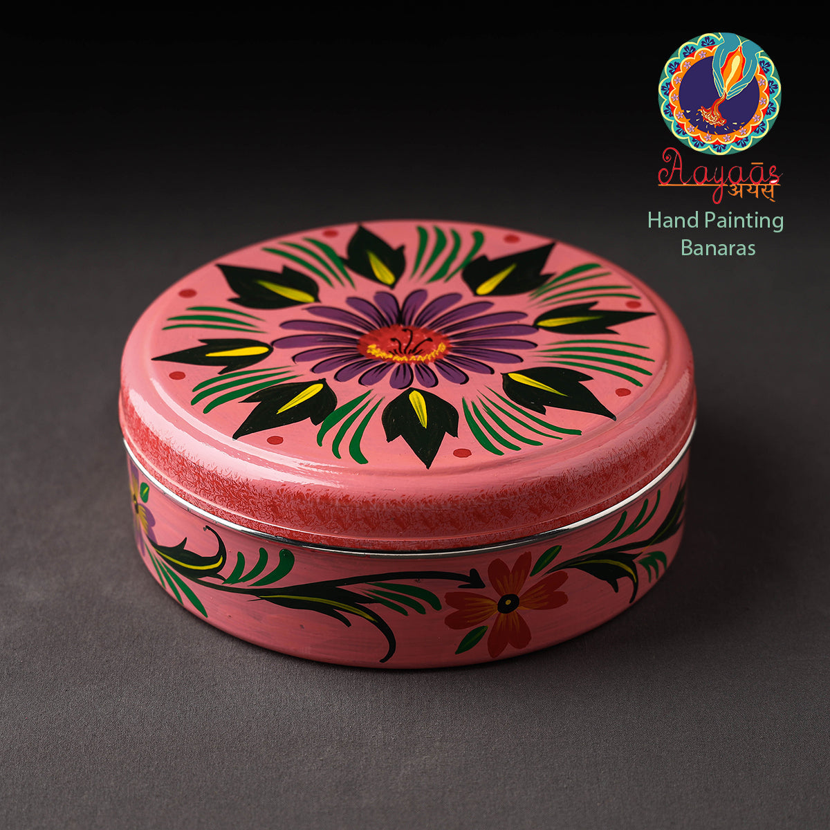 Banaras Handpainted Stainless Steel Pink Masala Box