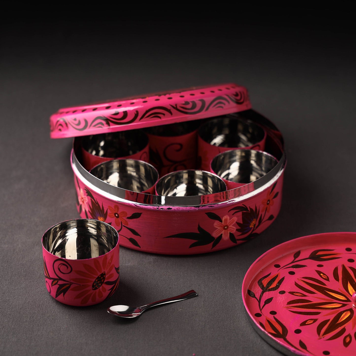Banaras Handpainted Stainless Steel Pink Masala Box