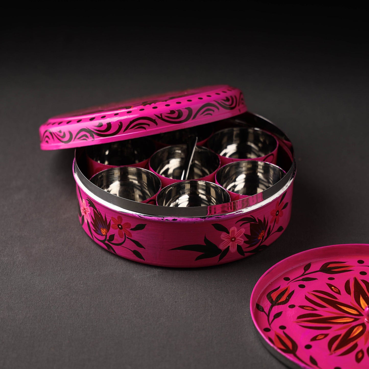  Banaras Handpainted Stainless Steel Pink Masala Box