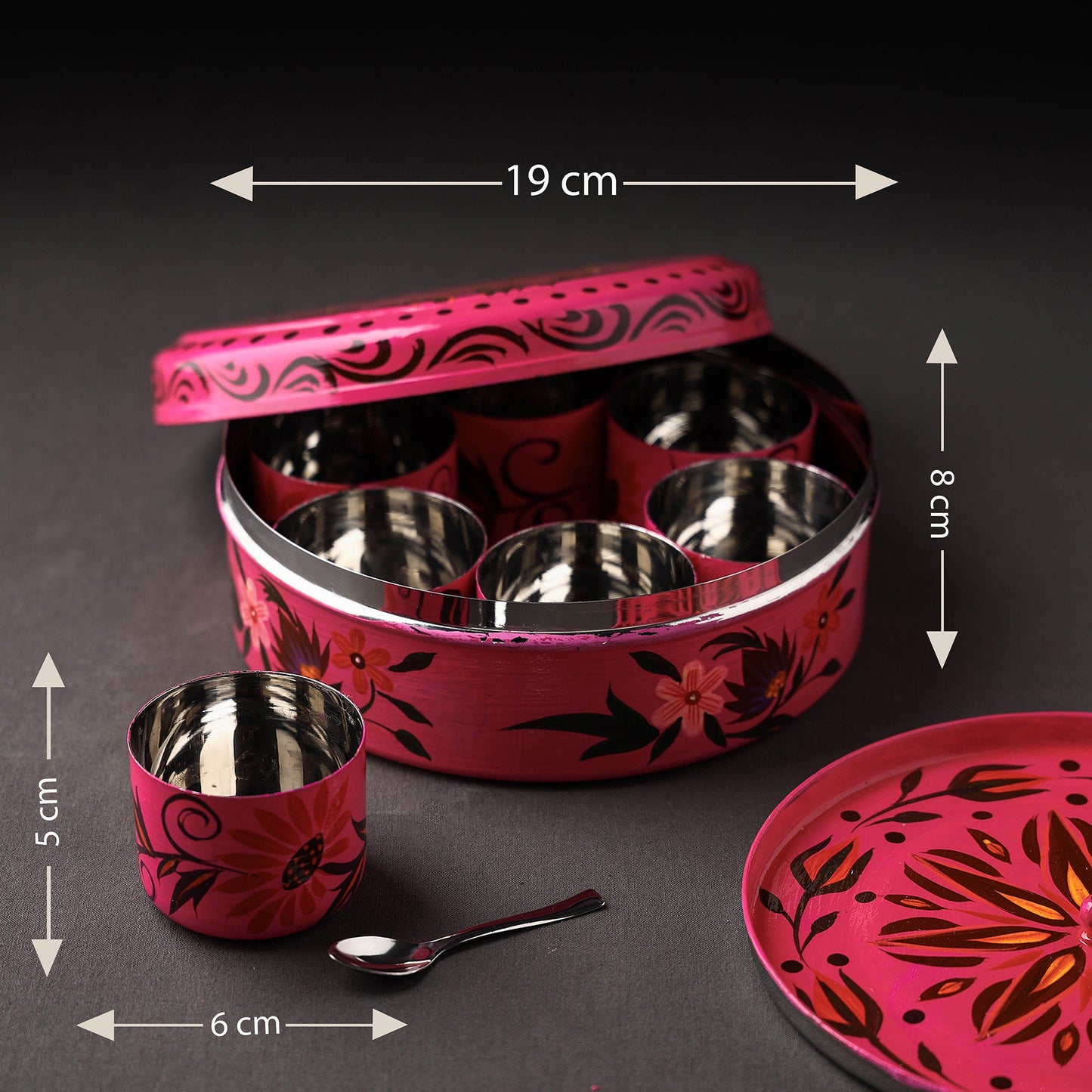 Banaras Handpainted Stainless Steel Pink Masala Box