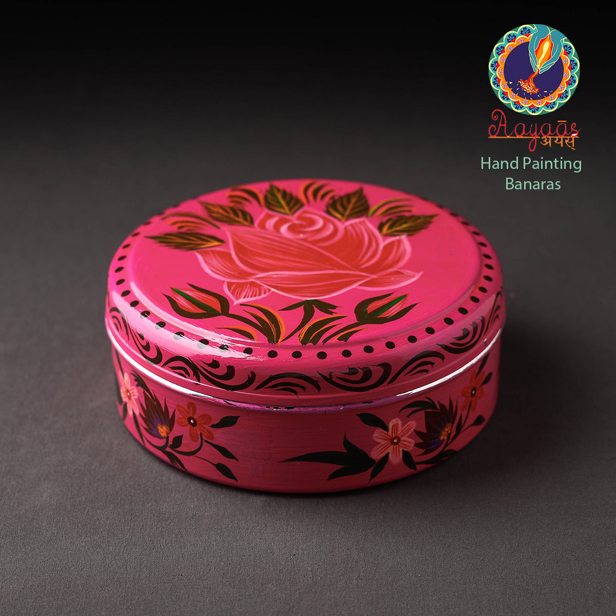 Banaras Handpainted Stainless Steel Pink Masala Box