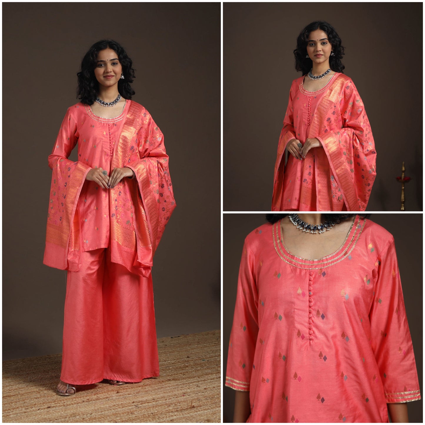 Pink - banarasi with gota work meena weaving silk cotton