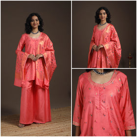 Pink - banarasi with gota work meena weaving silk cotton