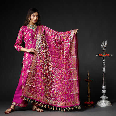 Pink banarasi silk zari work kurta with palazzo & dupatta