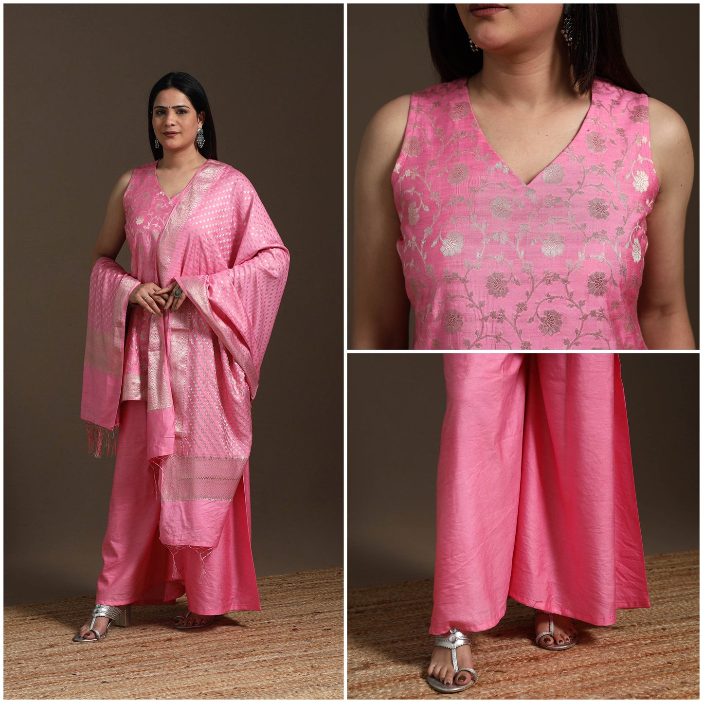 Pink - banarasi tanchoi silk cotton palaazo set for women