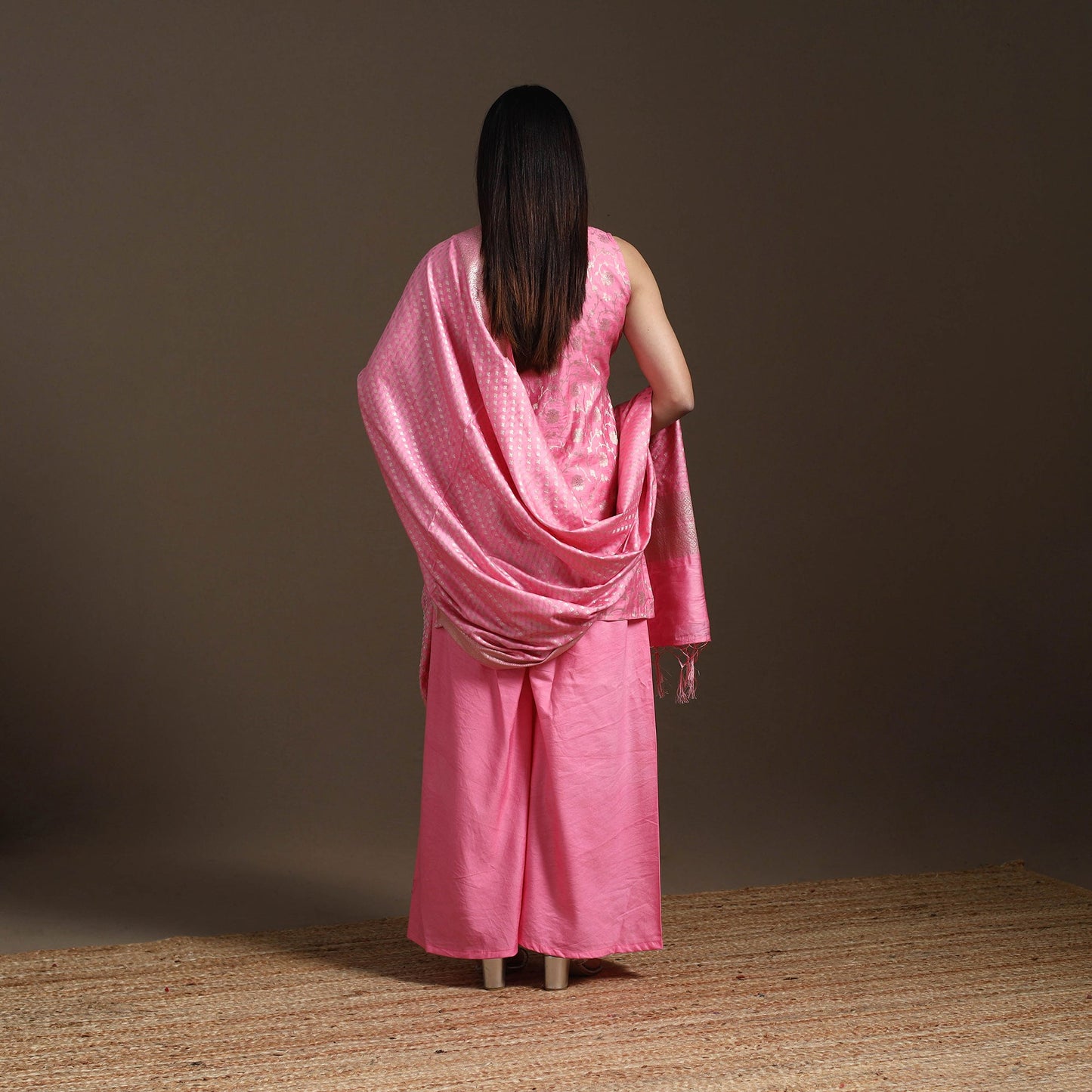 Pink - banarasi tanchoi silk cotton palaazo set for women