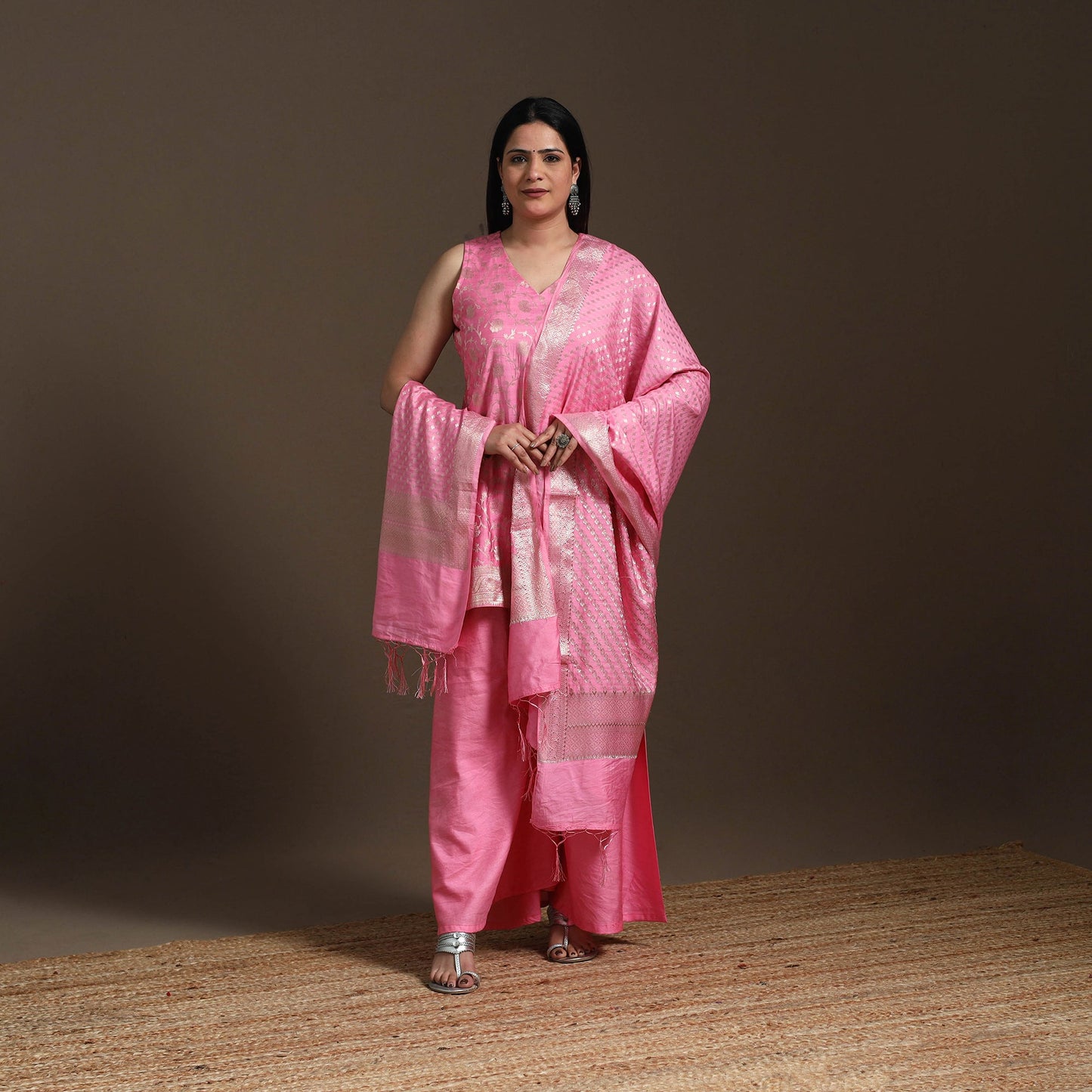 Pink - banarasi tanchoi silk cotton palaazo set for women