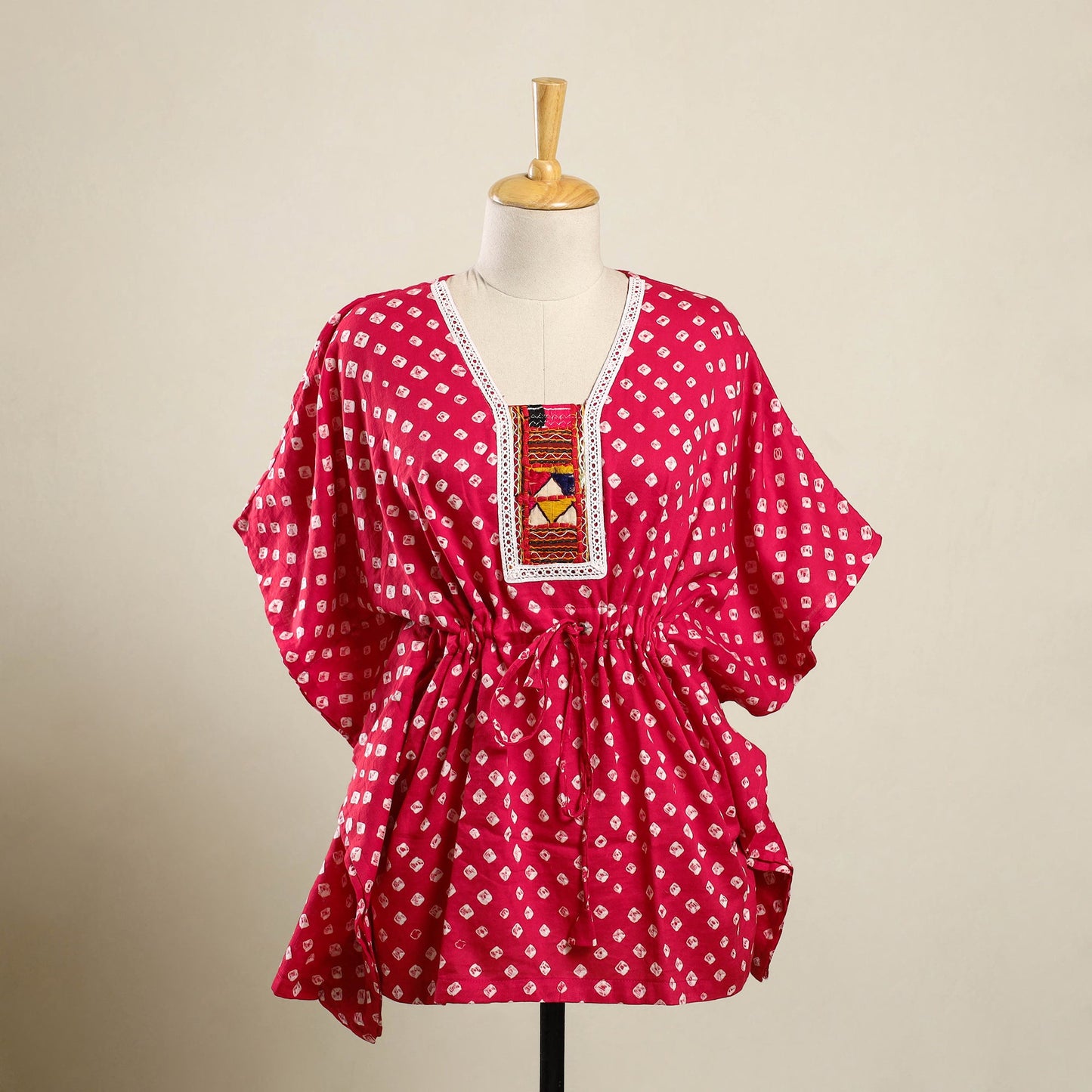 Buy Pink Bandhani Cotton Kaftan with Desert Embroidery