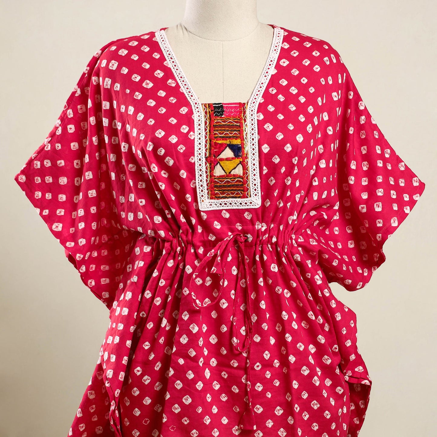 Buy Pink Bandhani Cotton Kaftan with Desert Embroidery