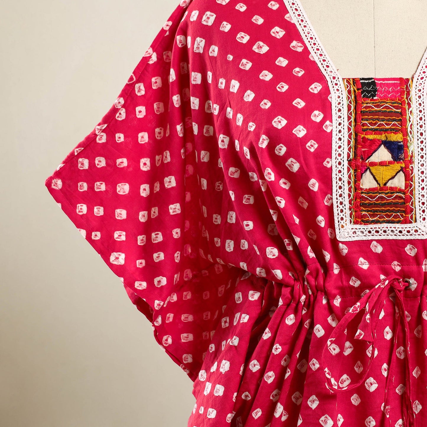 Buy Pink Bandhani Cotton Kaftan with Desert Embroidery