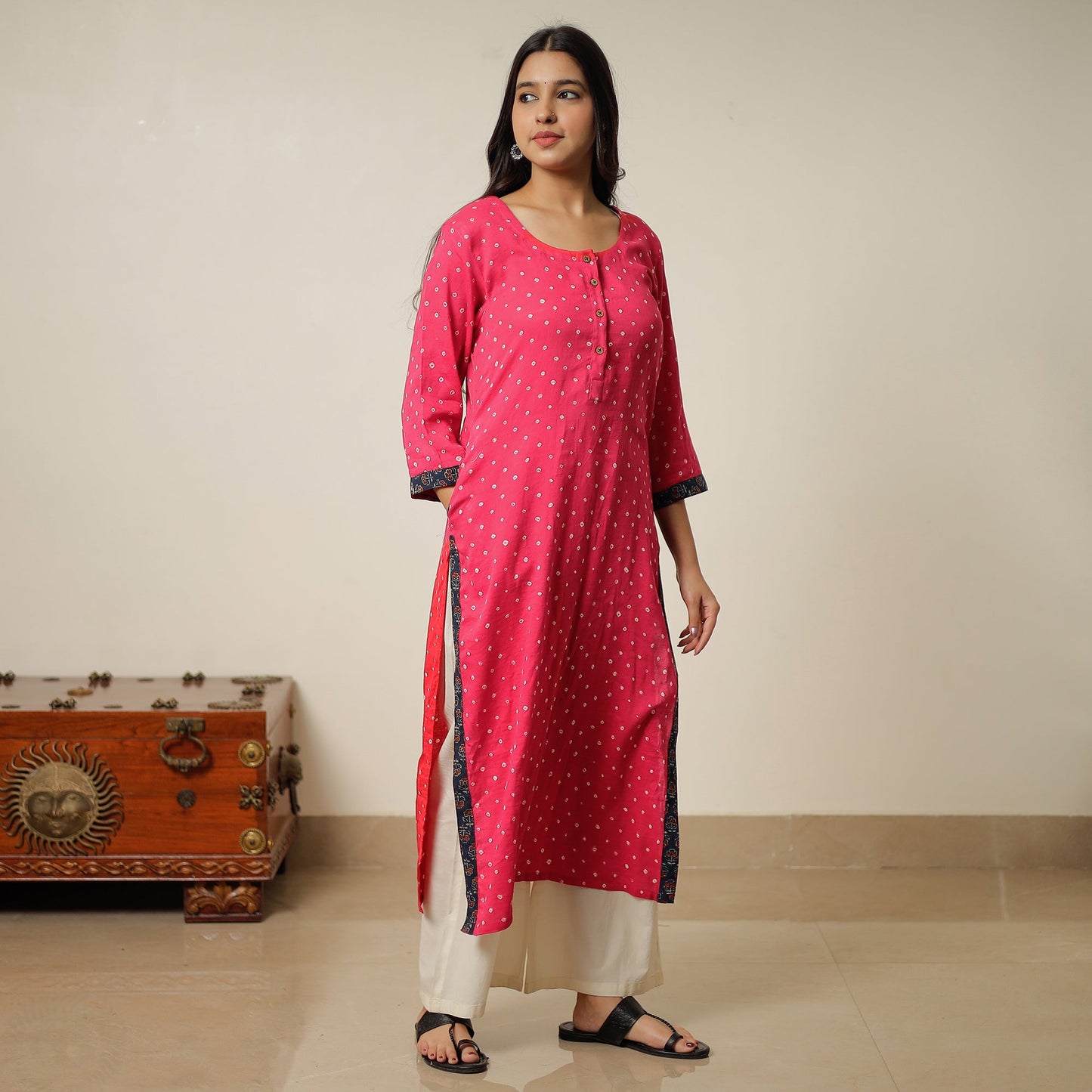 Pink - Bandhani Tie-Dye Cotton Straight Kurta 16