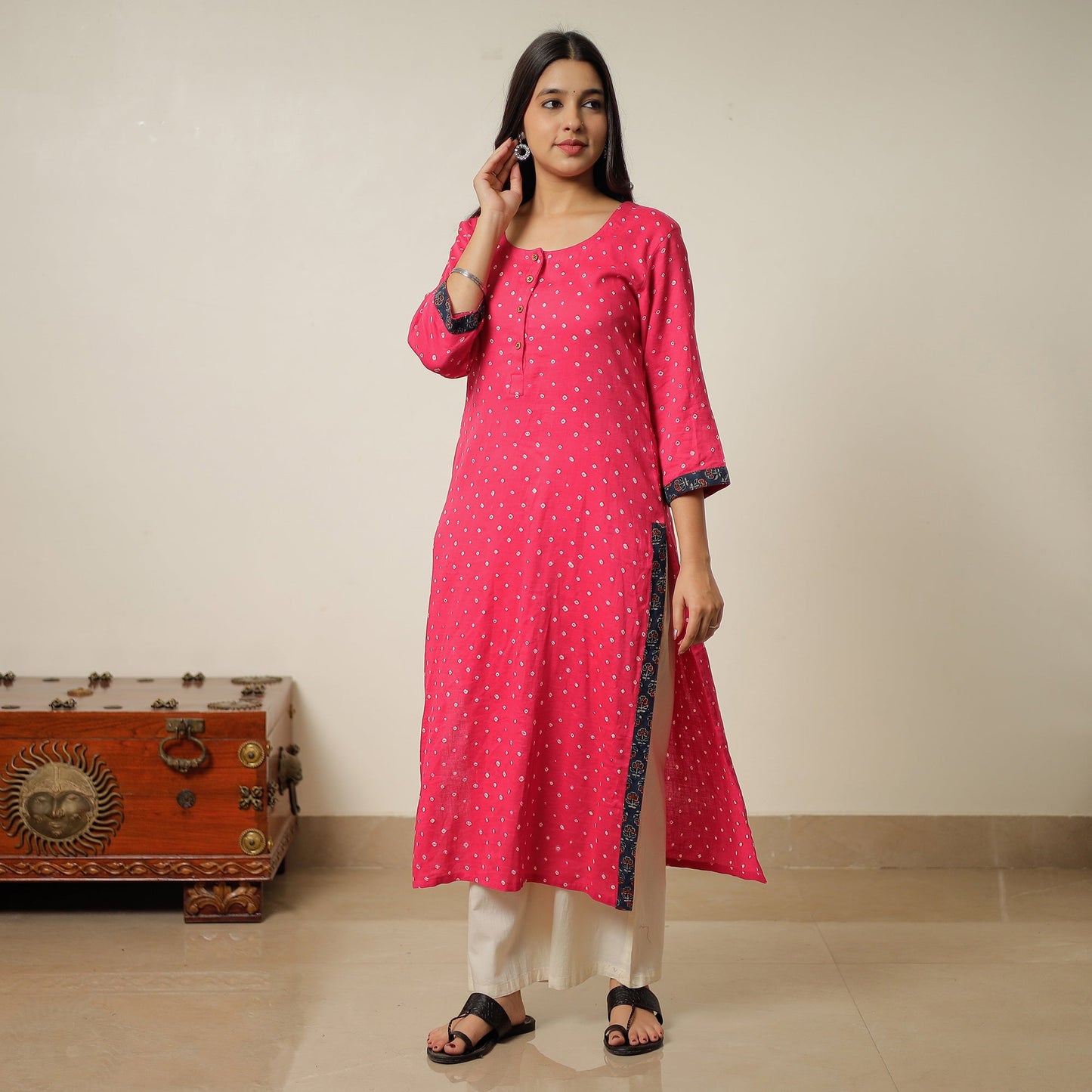 Pink - Bandhani Tie-Dye Cotton Straight Kurta 16