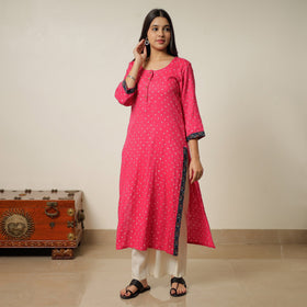 Pink - Bandhani Tie-Dye Cotton Straight Kurta 16