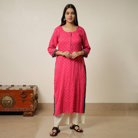 Pink - Bandhani Tie-Dye Cotton Straight Kurta 16